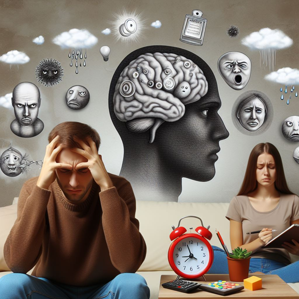A man sits with head in hands in front of a female who looks anxious. Surrounding them are faces with different emotions and storm clouds.