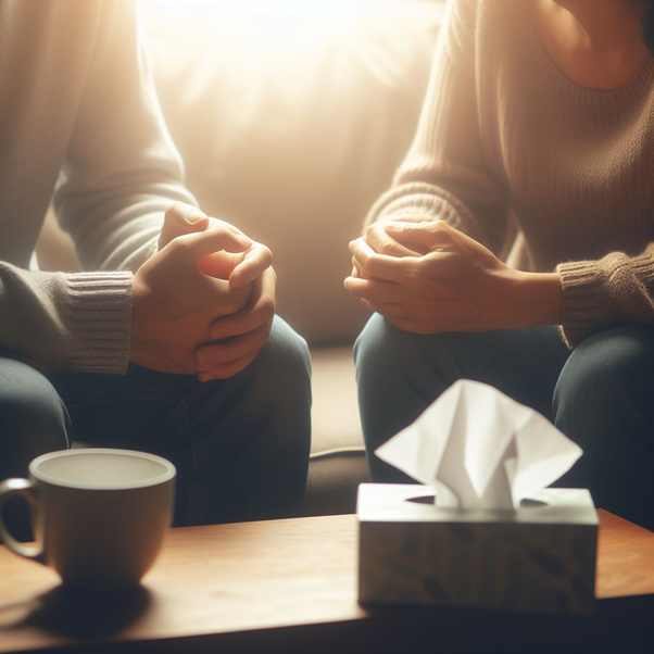 Tow people site close together, hands clenched near a box of tissues