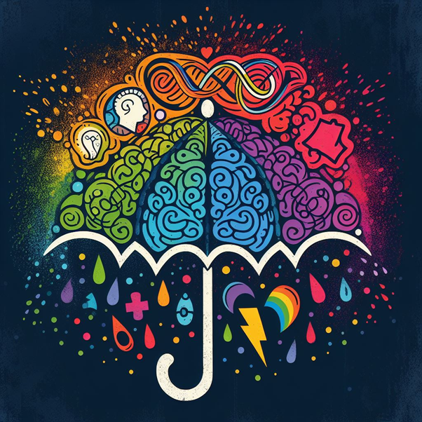 A colourful representation of the neurodivergent umbrella and the conditions which fit within this category