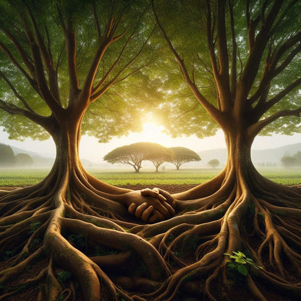 Two trees and the root system intertwined in the form of shaking hands